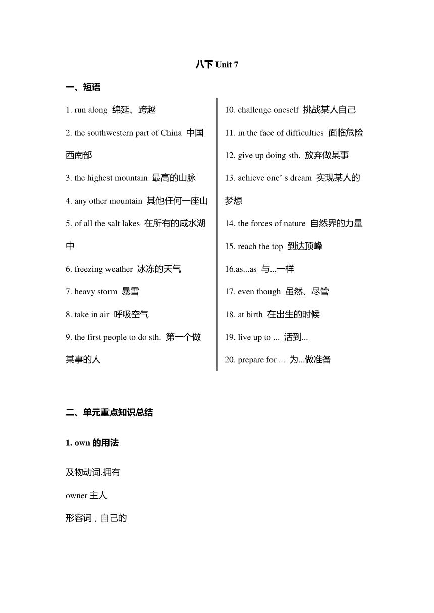 人教版八年级下册Unit7 What's the highest mountain in the world?单元重点知识总结（无答案）