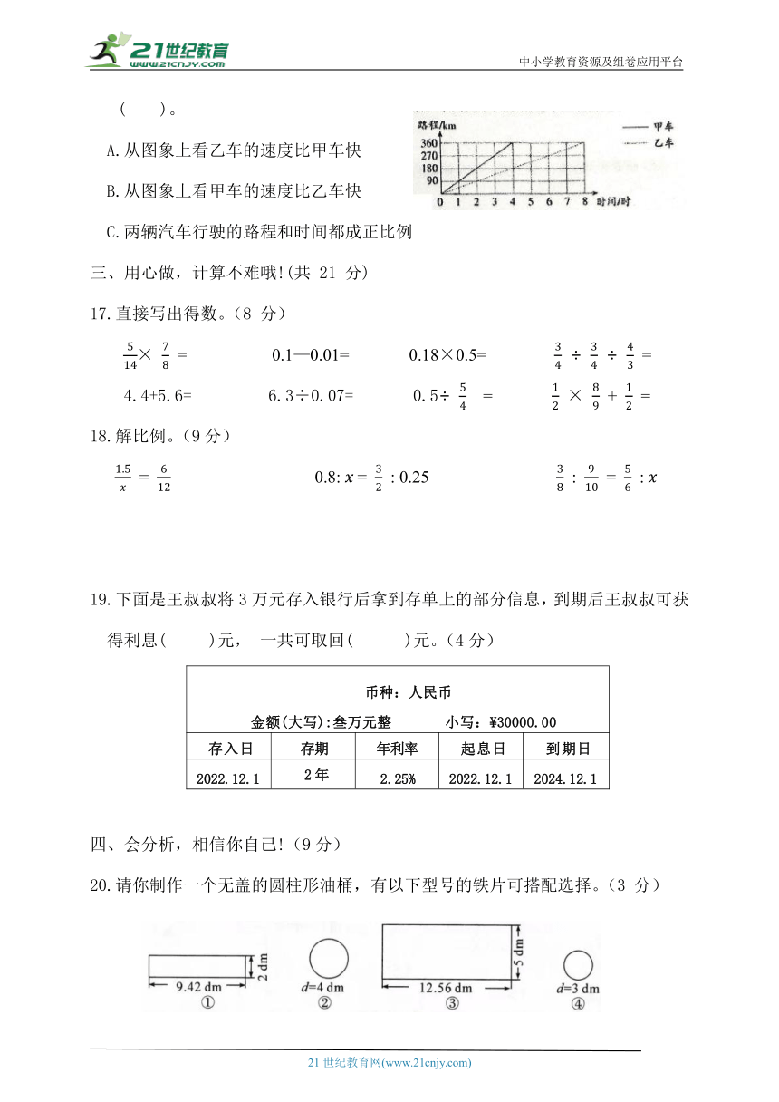 2023-2024人教版六年级数学下册期中测试卷（含答案）