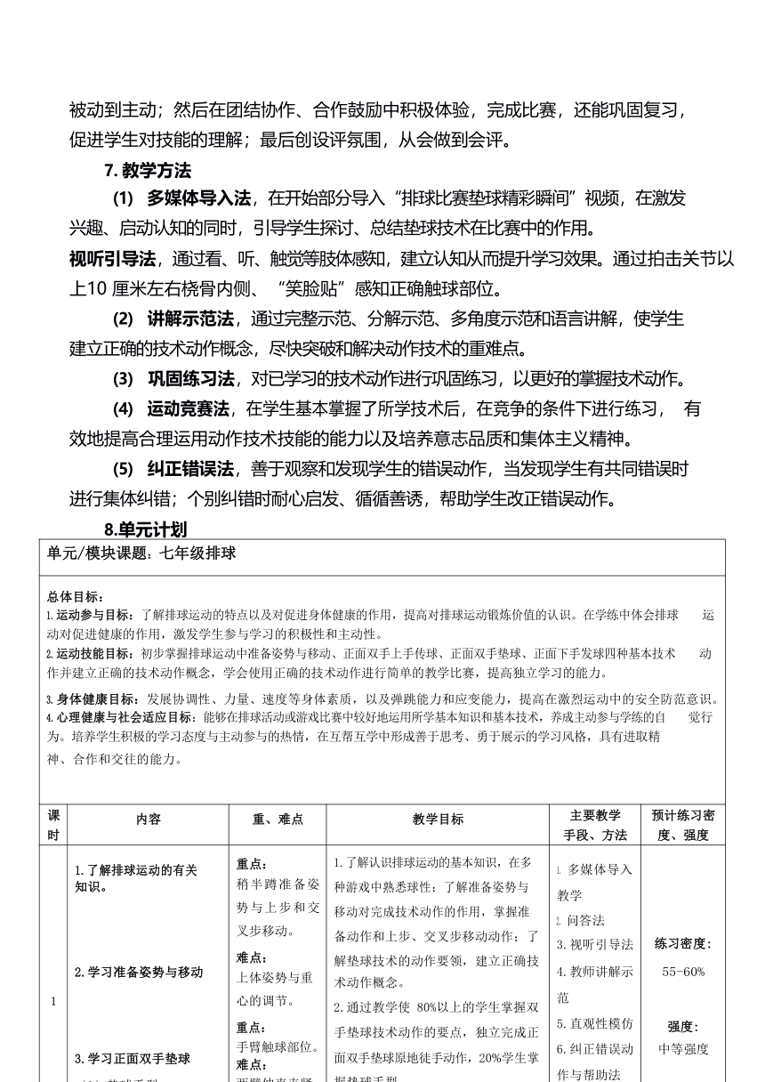 第五章 排球—正面双手垫球 教学设计 2021—2022学年人教版体育与健康七年级全一册