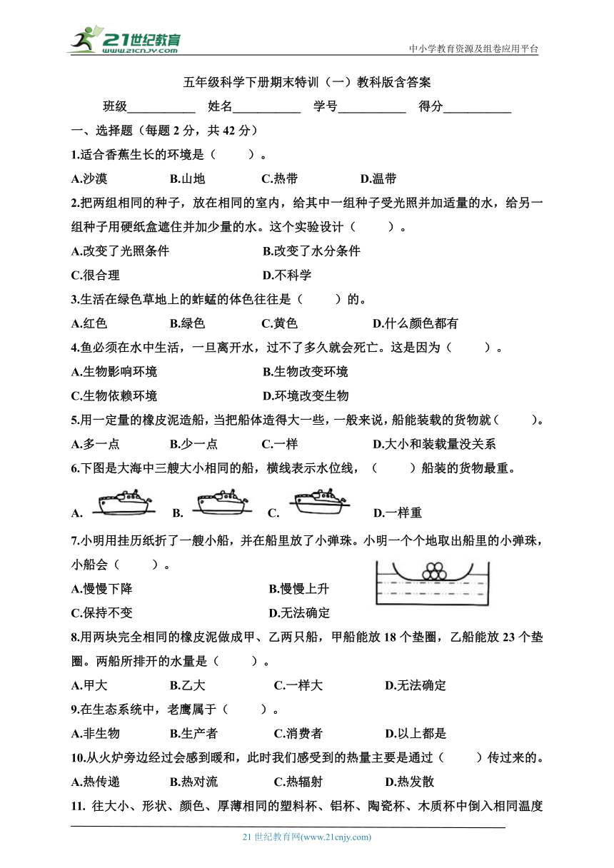 五年级科学下册期末特训（一）教科版（含答案）