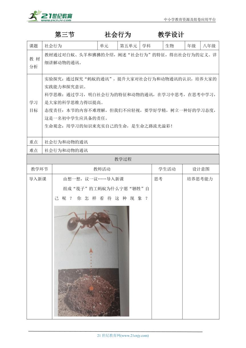 【核心素养目标】人教版生物 八年级上册 5.2.3社会行为 教学设计