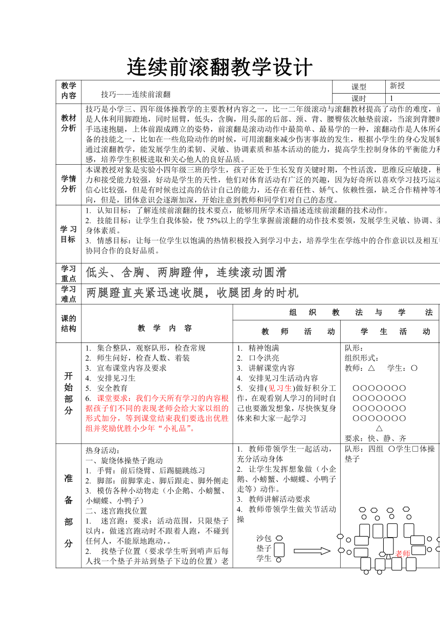 连续前滚翻（教案）体育四年级上册（表格式）