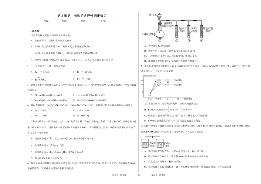 第3章第1节铁的多样性同步练习（含解析） 2022——2023学年上学期高一化学鲁科版（2019）必修第一册