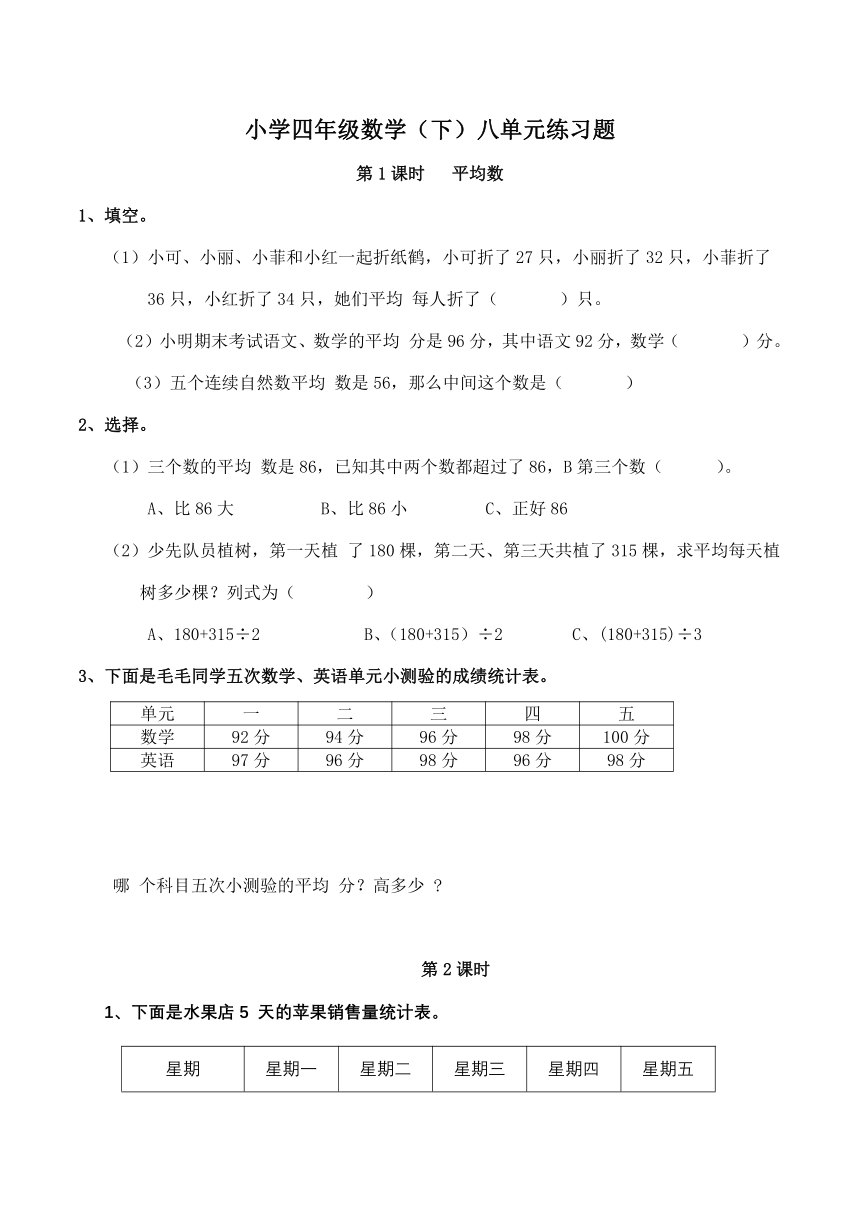 小学四年级数学（下）八单元练习题（含答案）