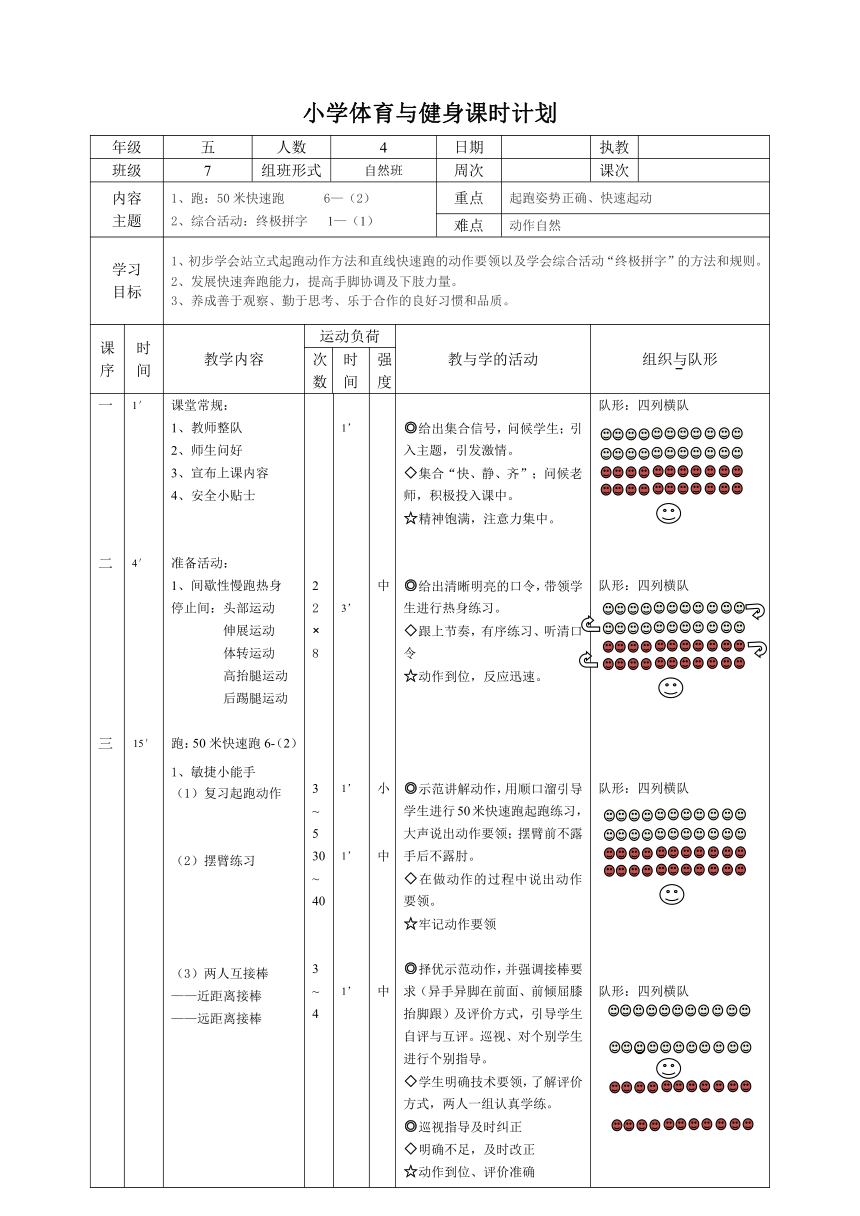 五年级下册体育-50米快速跑 教案(表格式)