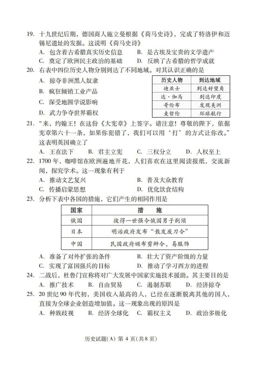 2022年山东省潍坊市中考历史真题（PDF版，含答案）