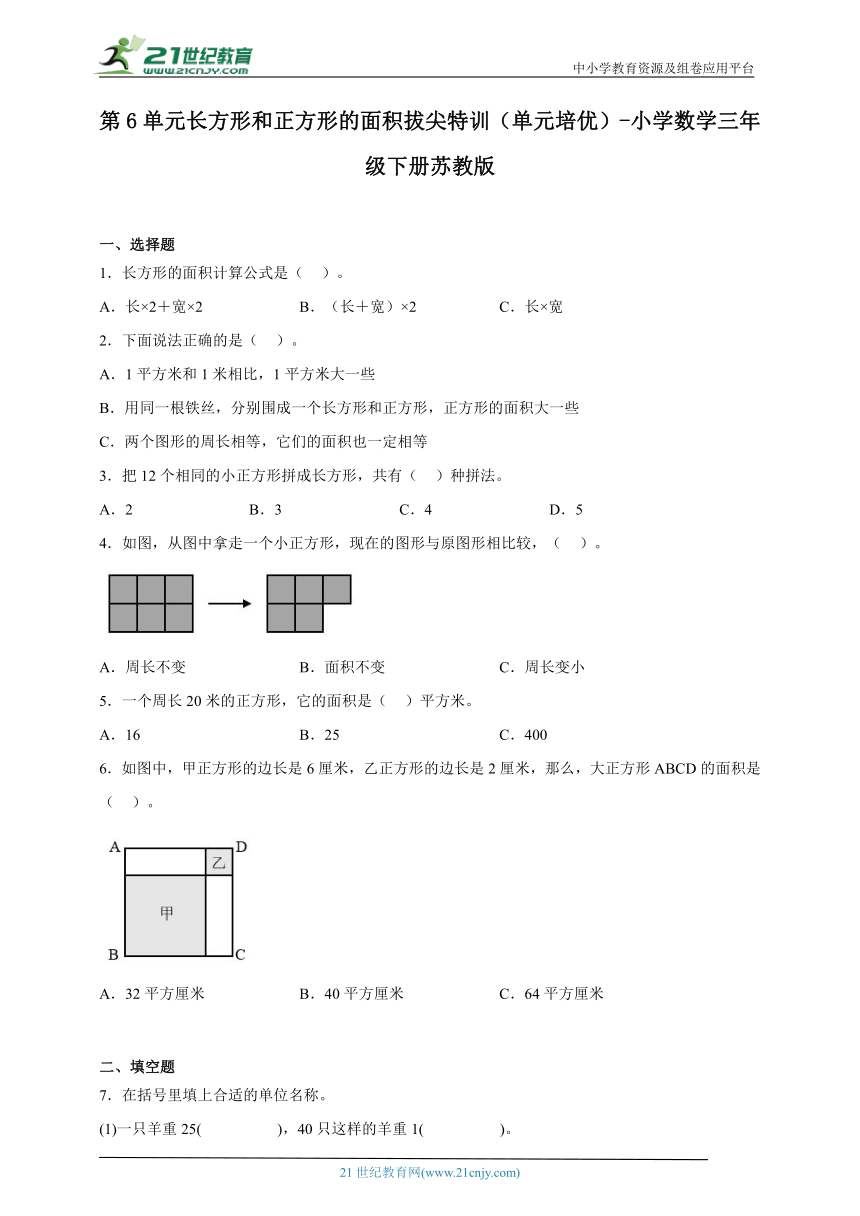 第6单元长方形和正方形的面积拔尖特训（单元培优）-小学数学三年级下册苏教版（含解析）