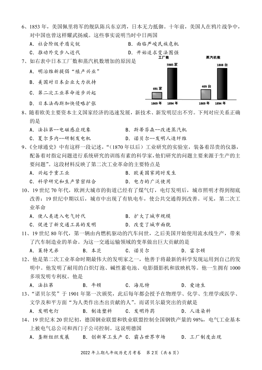 2021—2022学年九年级历史下册期中试卷（含答案）