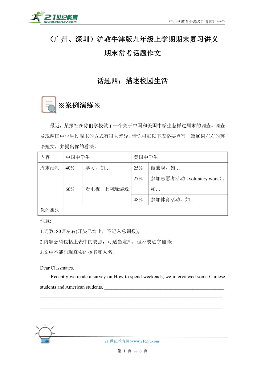 （广州、深圳）沪教牛津版九上期末复习讲义——常考话题作文【话题四：描述校园生活】（含答案）