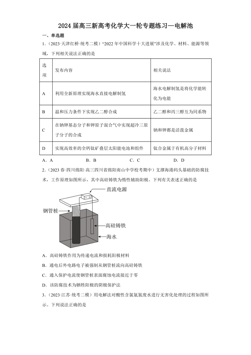 2024届高三新高考化学大一轮专题练习—电解池（含解析）