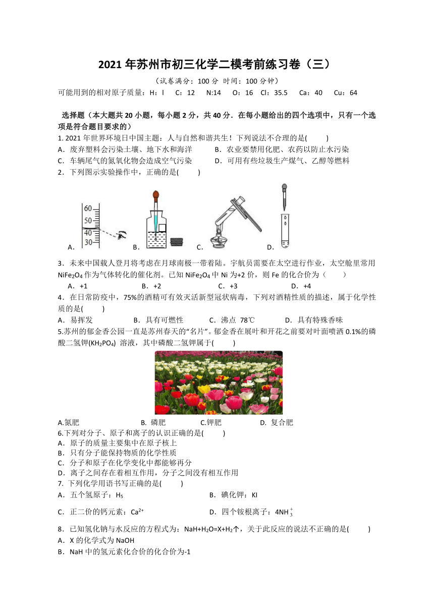2021年江苏省苏州市中考二模考前化学练习卷（三）（解析版）