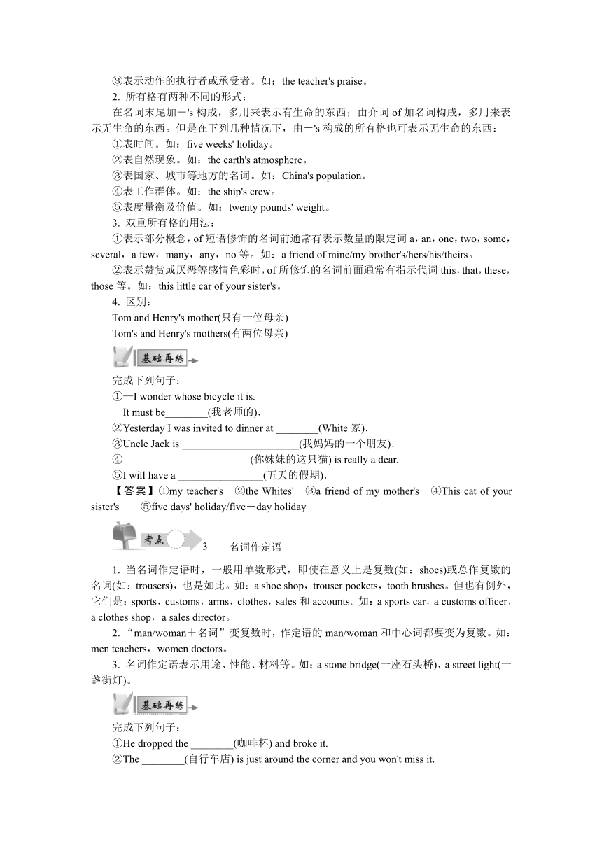 高考英语二轮复习 语法精讲+精练：专题一名词和冠词常考点学案（含答案）