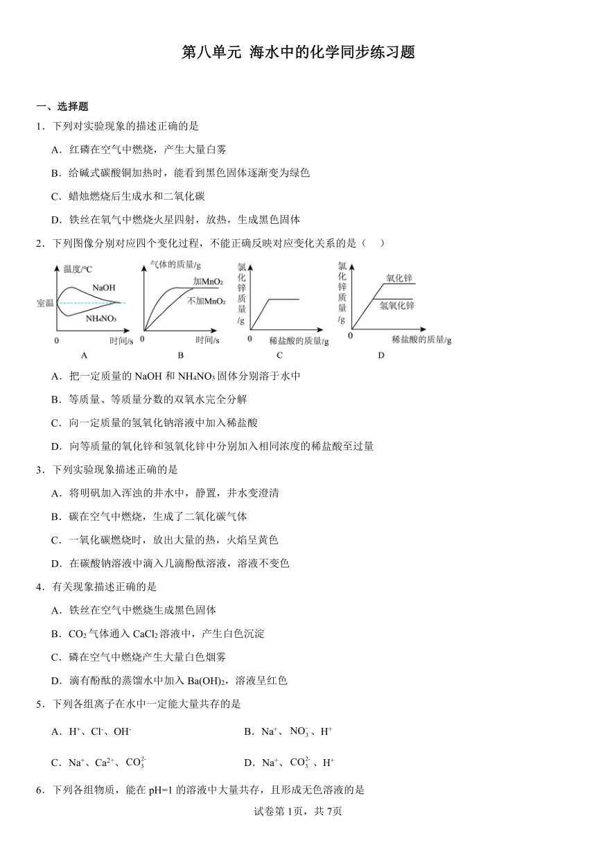 第八单元海水中的化学同步练习题2023----2024学年九年级化学鲁教版下册（含解析）