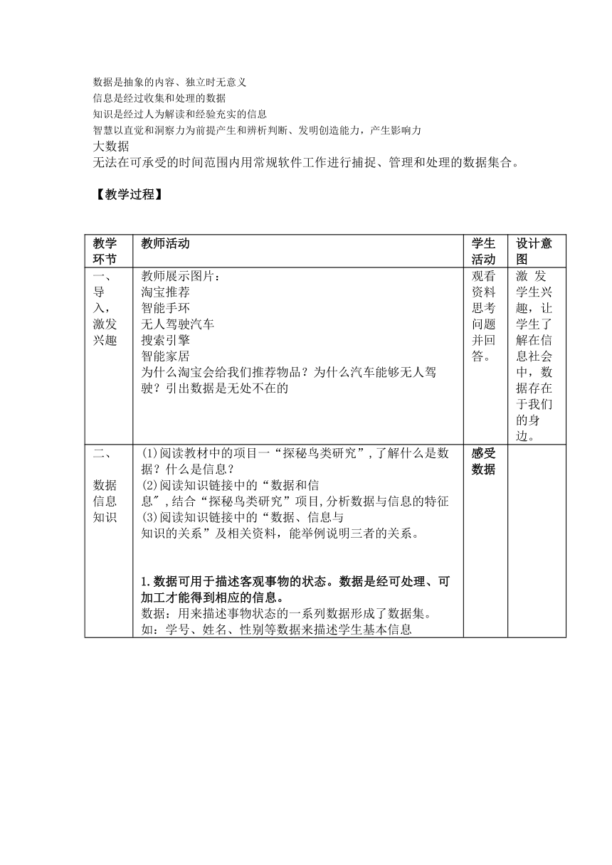 项目一 探秘鸟类研究——认识数据、信息与知识 教案