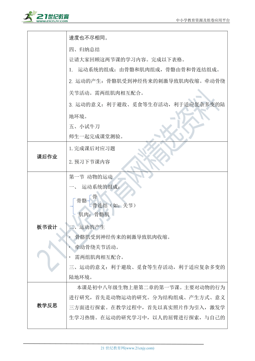 5.2.1《动物的运动》教案（表格式）