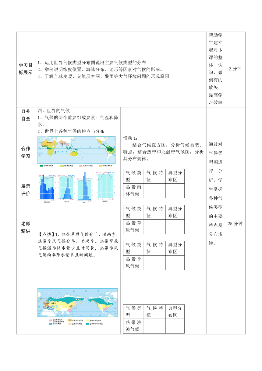 商务星球版七上地理 4.4世界的气候 复习 教案（表格式）
