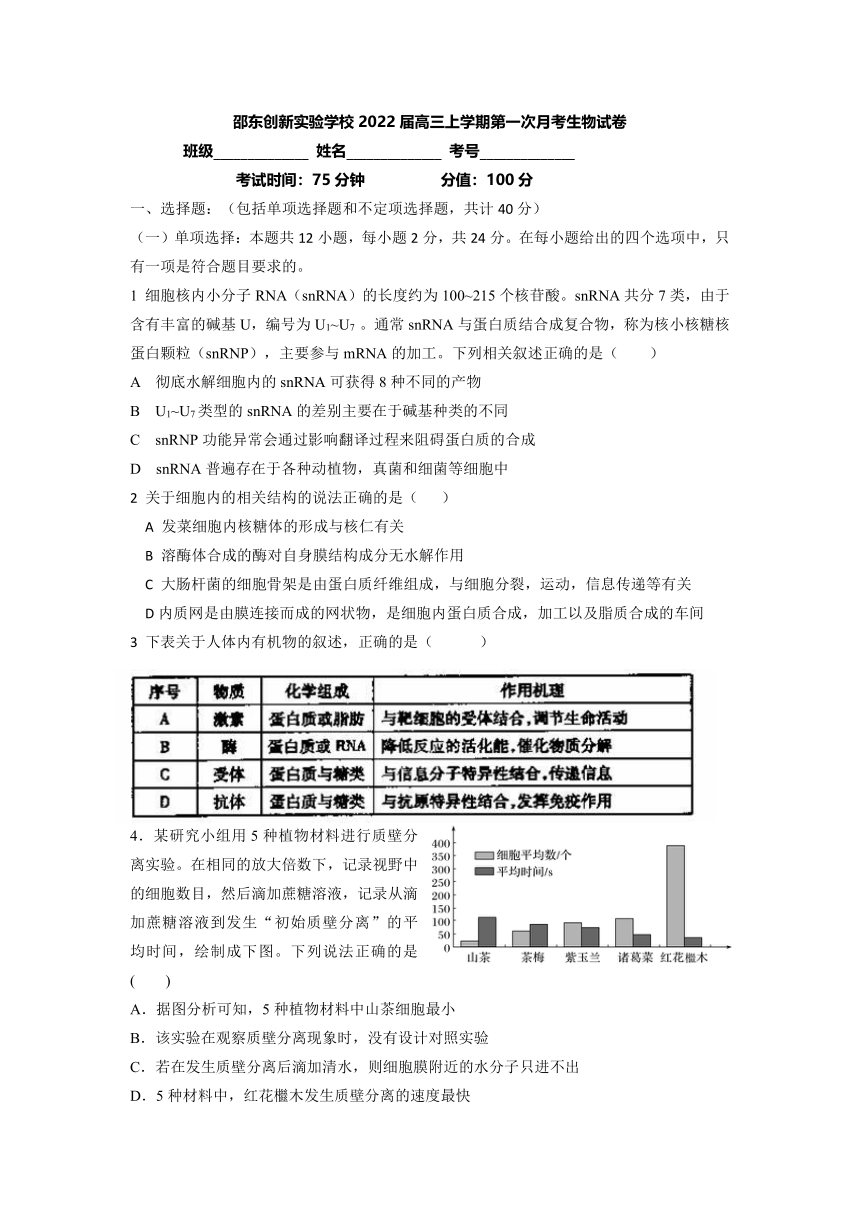 湖南省邵阳市邵东创新实验学校2022届高三上学期第一次月考生物试题（Word版含答案）