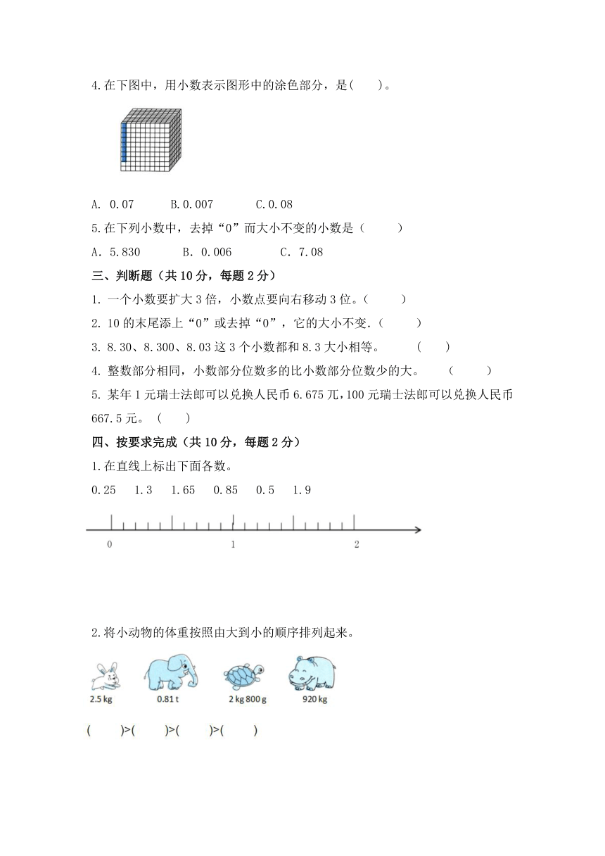 2023-2024学年人教版小学数学四年级下册第四单元《小数的意义和性质》单元测试（无答案）