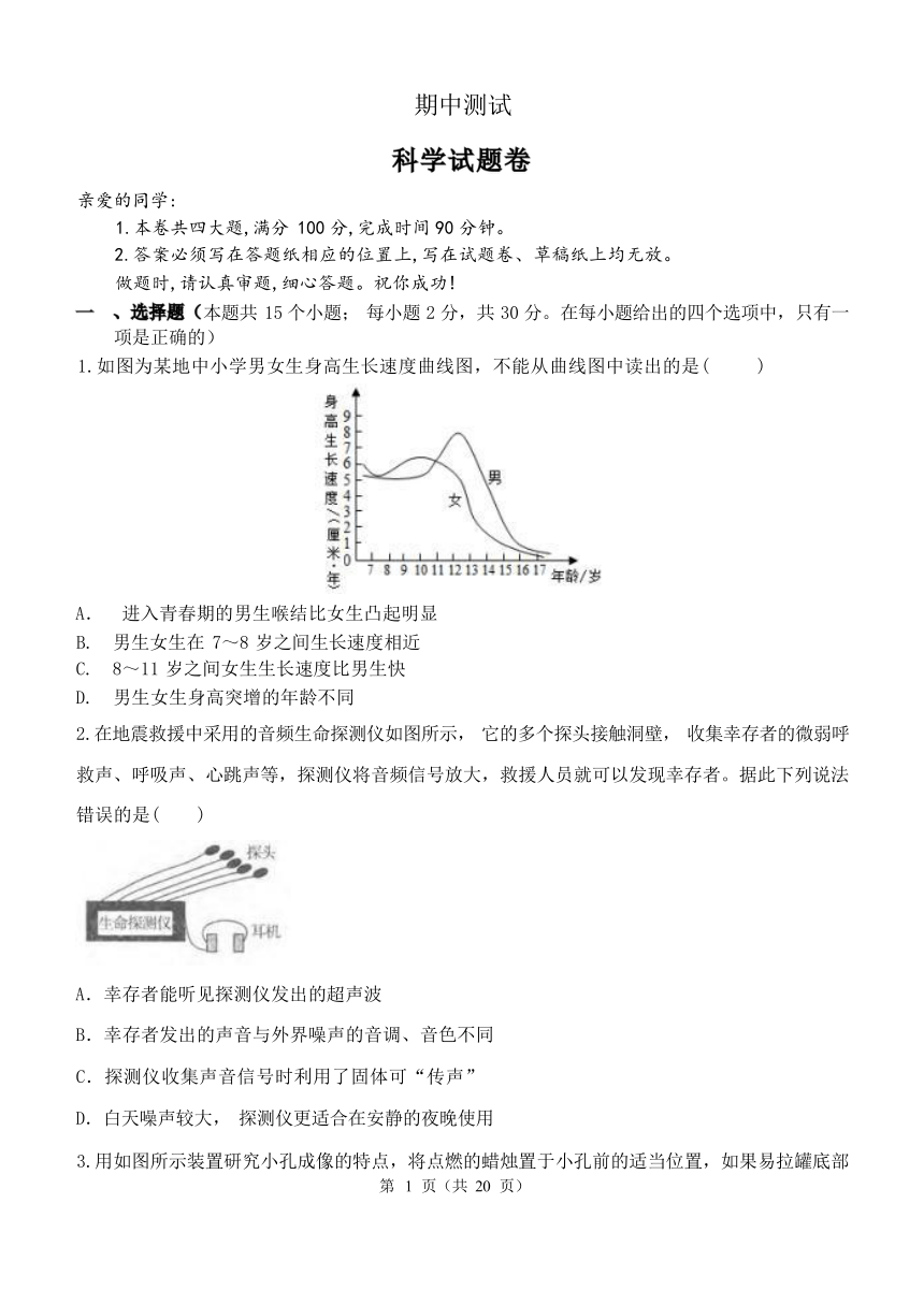 浙教版七年级下册期中测试模拟科学试卷（含解析 1-2章）