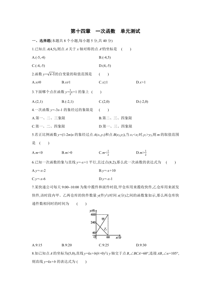 北京课改版数学八年级下册同步课时练习：第十四章  一次函数　单元测试(word版含答案)