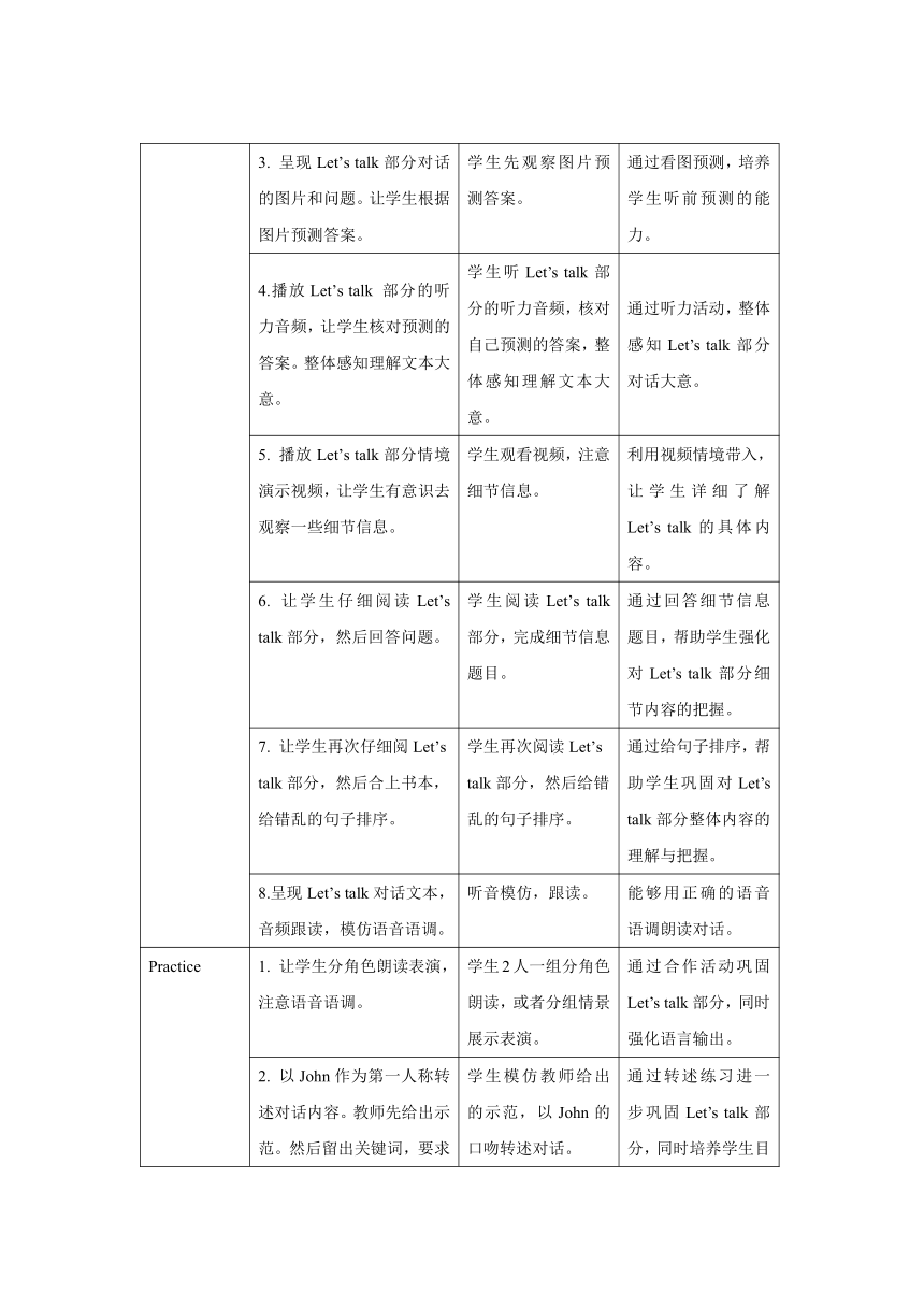 Unit 3 My friends  Part A  Let’s talk表格式教案