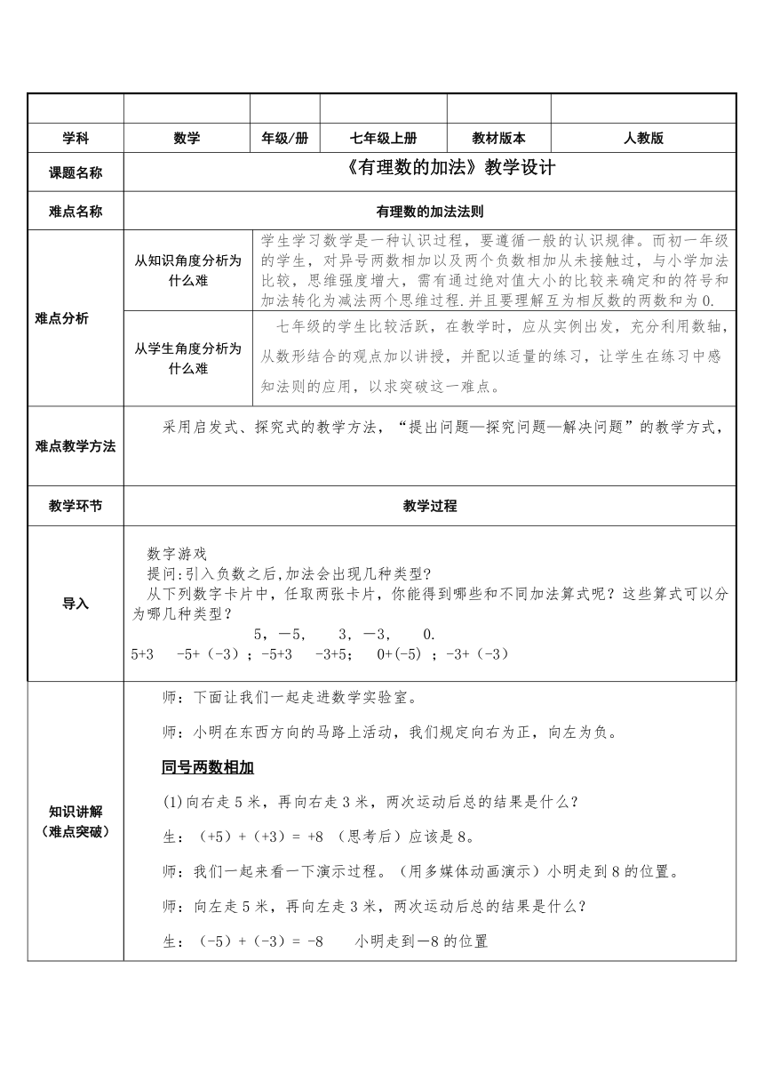 2021-2022学年上学期部编版七年级数学   1.3.1有理数的加法 教案