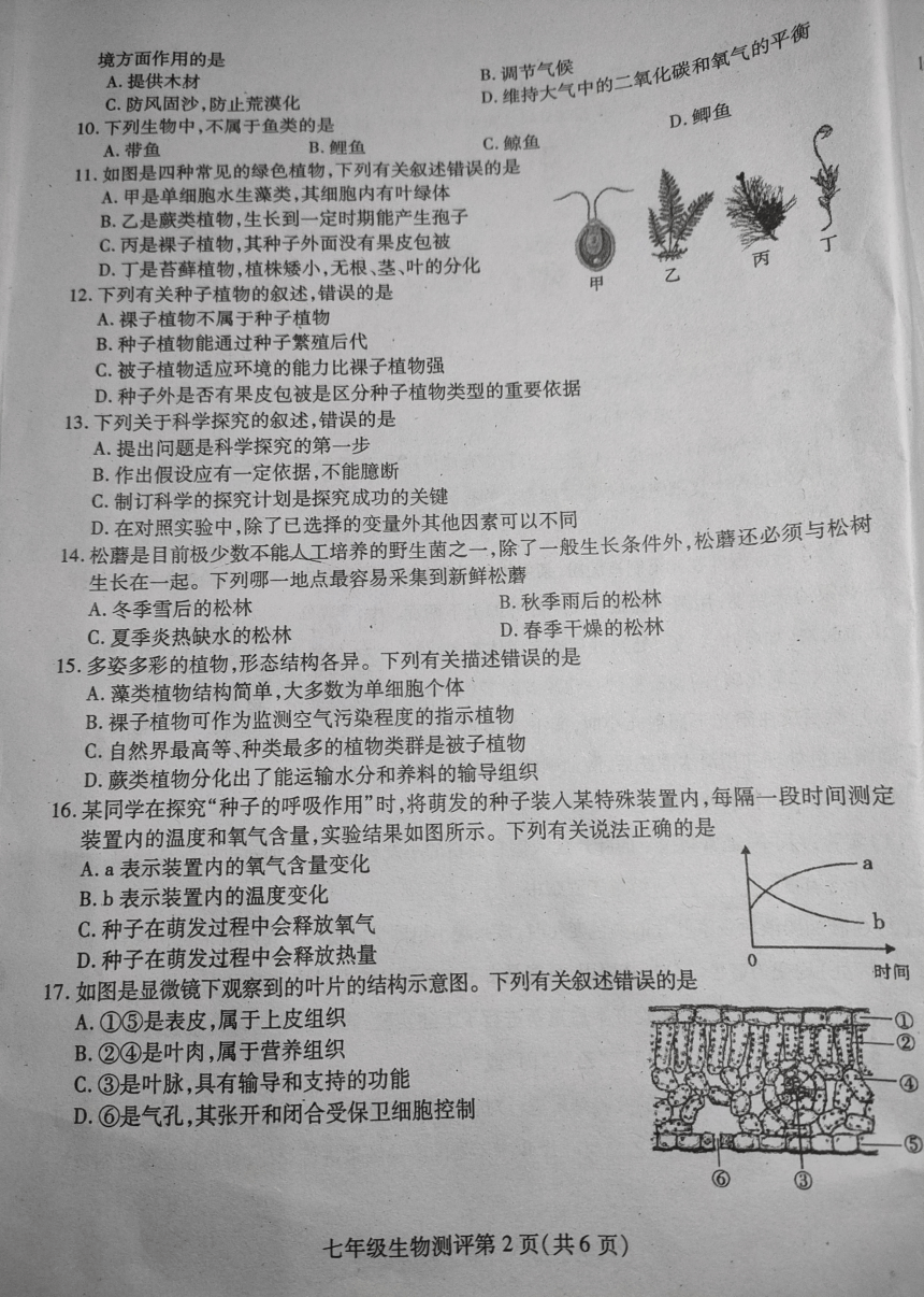 四川省内江市2022-2023学年第一学期七年级生物期末试题（图片版，无答案）