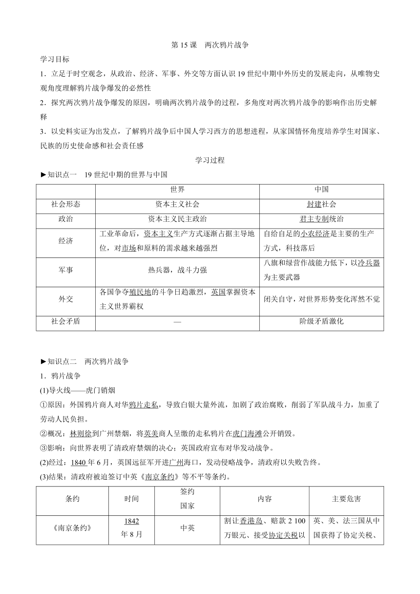 第15课 两次鸦片战争 导学案（无答案）--2023-2024学年高一上学期统编版（2019）必修中外历史纲要上