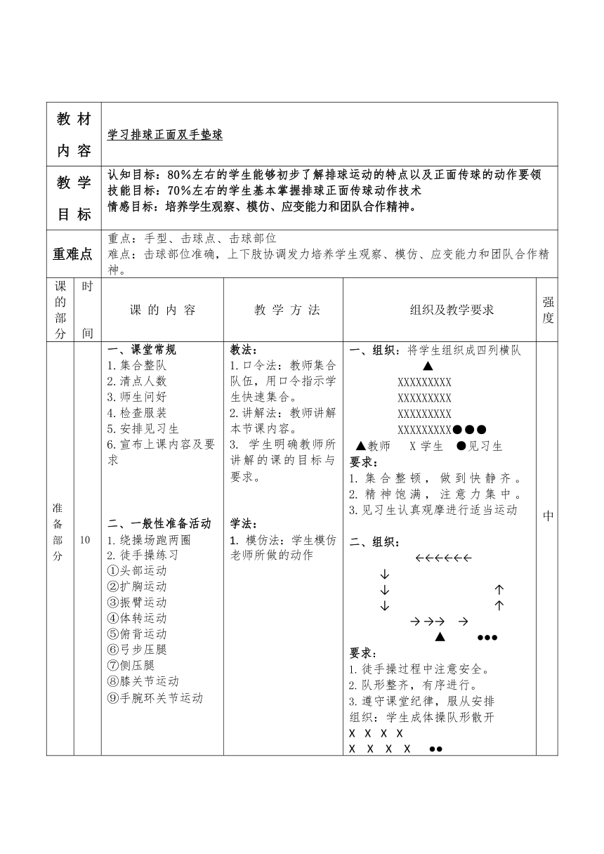 第五章排球——排球正面双手垫球教案2021—2022学年人教版体育与健康七年级全一册（表格式）