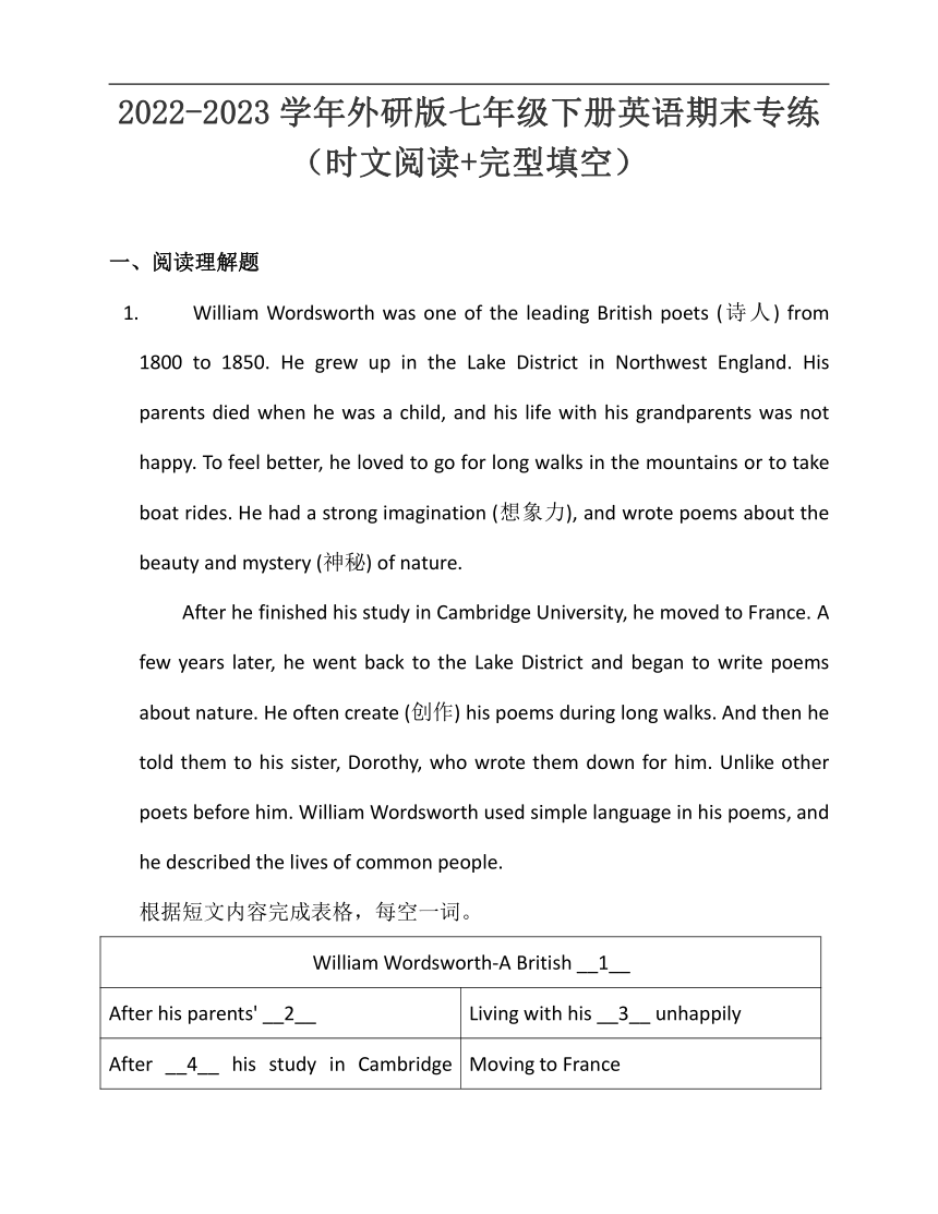 2022-2023学年外研版七年级下册英语期末专练1（时文阅读+完型填空）（含答案）