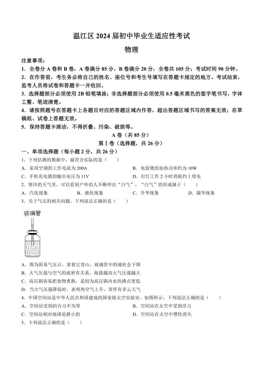 2024年四川省成都市温江区中考物理适应性考试试题（有答案）