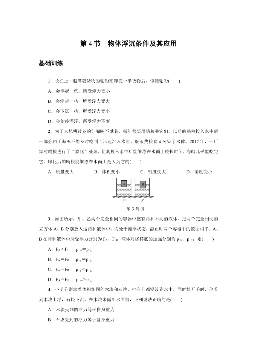 3.4物体浮沉条件及其应用 巩固训练（含答案）