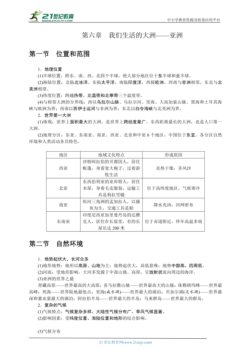 人教版地理七年级下册全册考点速记