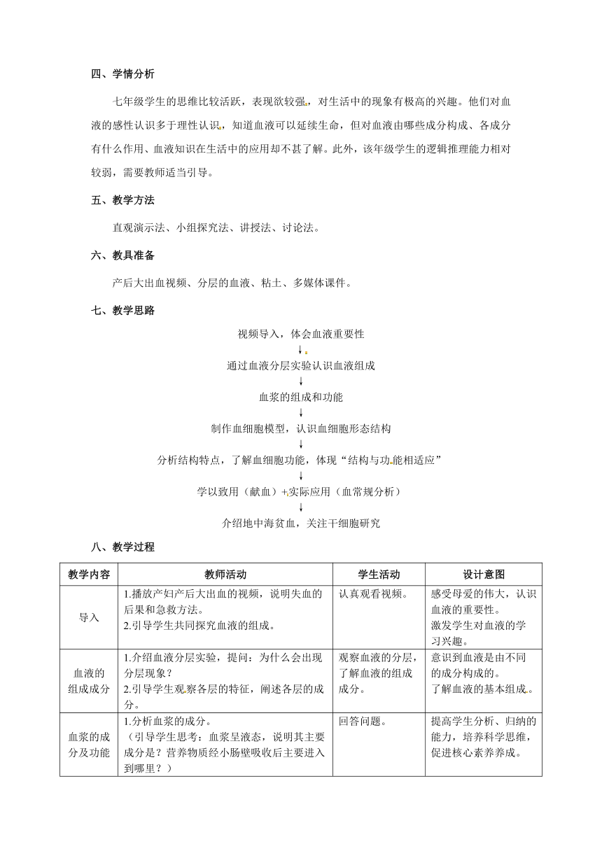 人教版七年级下册生物4.4.1 流动的组织—血液教案（表格式）