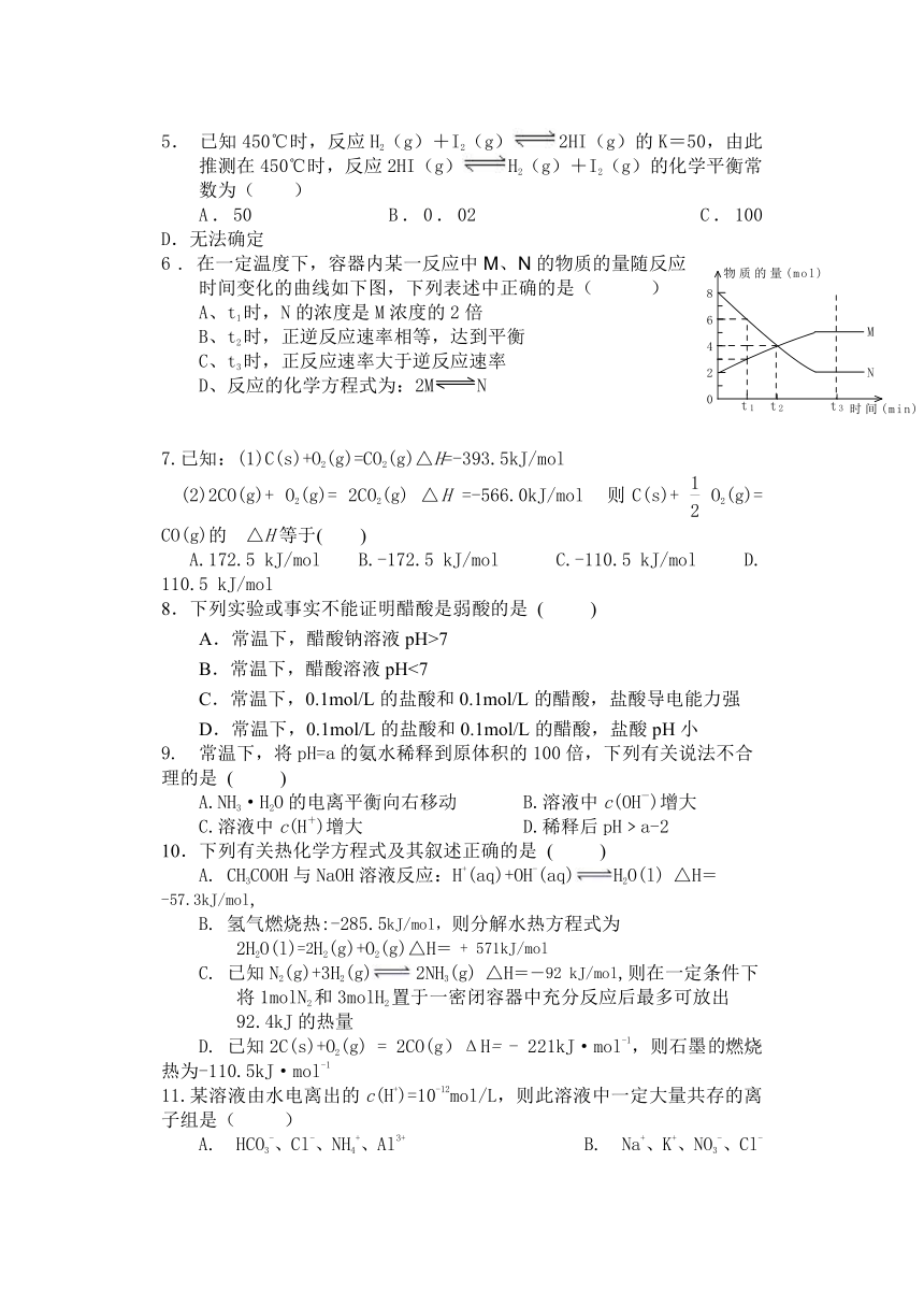 北京市第一五六中学2021—2022学年高二上学期期中考试化学试题 （word版含答案）