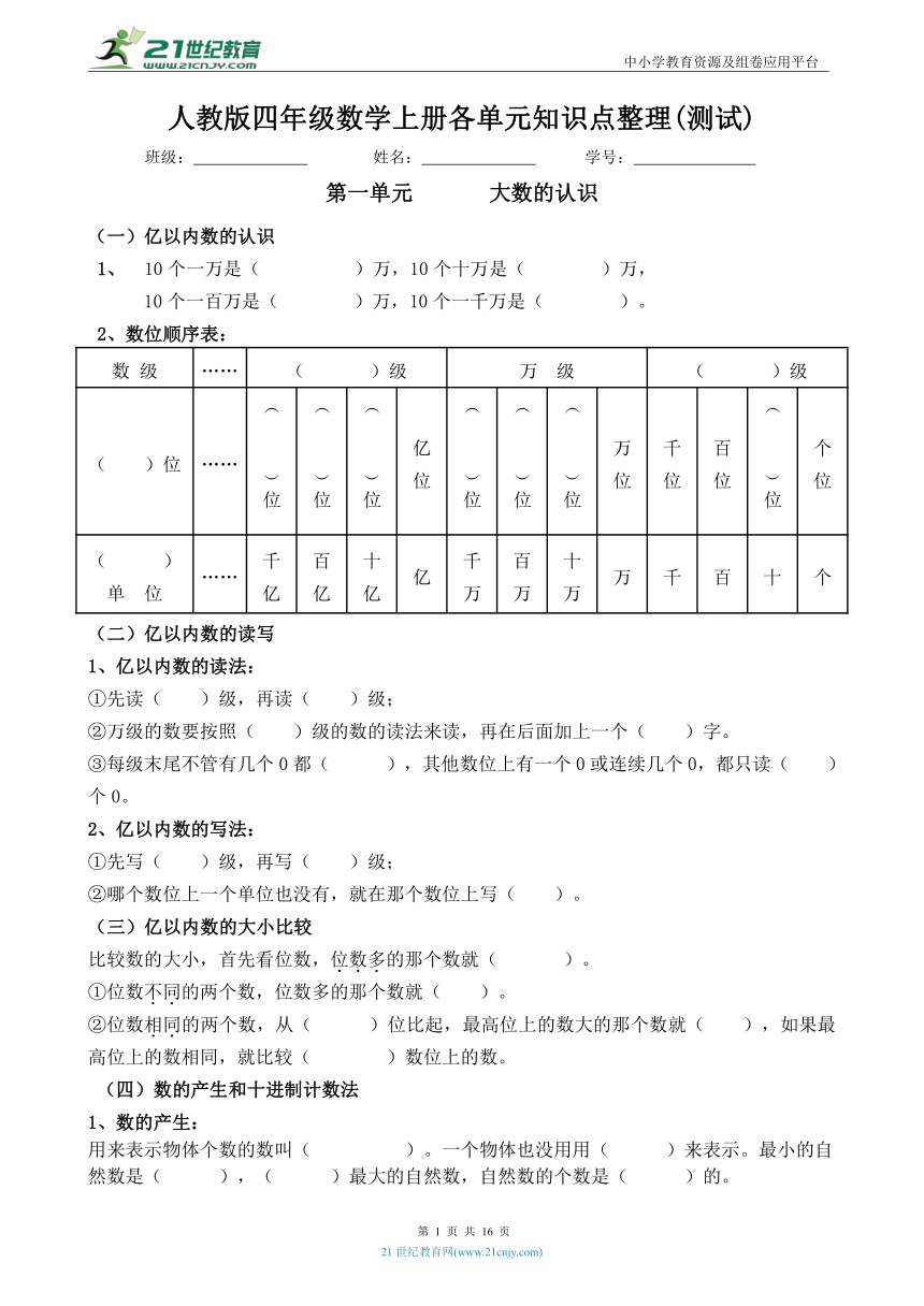 人教版 四年级数学上册各单元知识点整理(测试+答案)（素材）