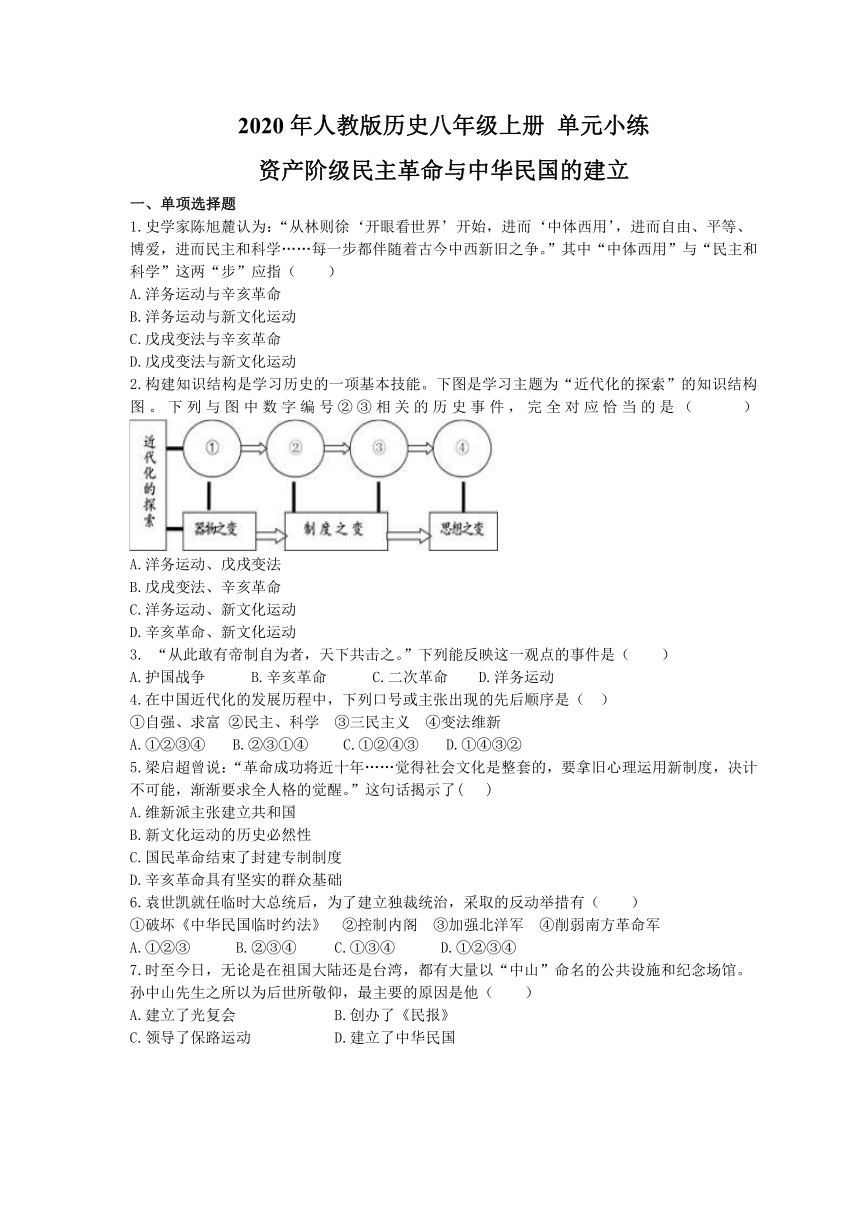 2020年部编版历史八年级上册 第三单元 资产阶级民主革命与中华民国的建立 测试题（含解析答案)