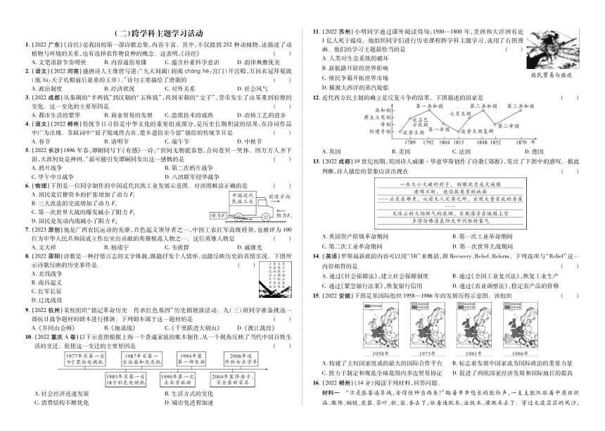 2023年安徽中考历史二轮专题复习试题：历史学科核心素养、跨学科主题学习活动、五育并举、创新话题（有答案）