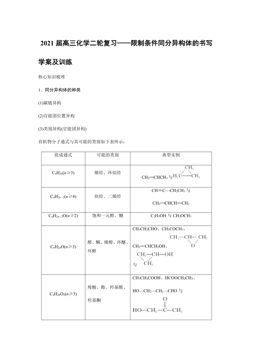 2021届高三化学二轮复习专题复习有机化学 限制条件同分异构体的书写 学案及训练（含解析）