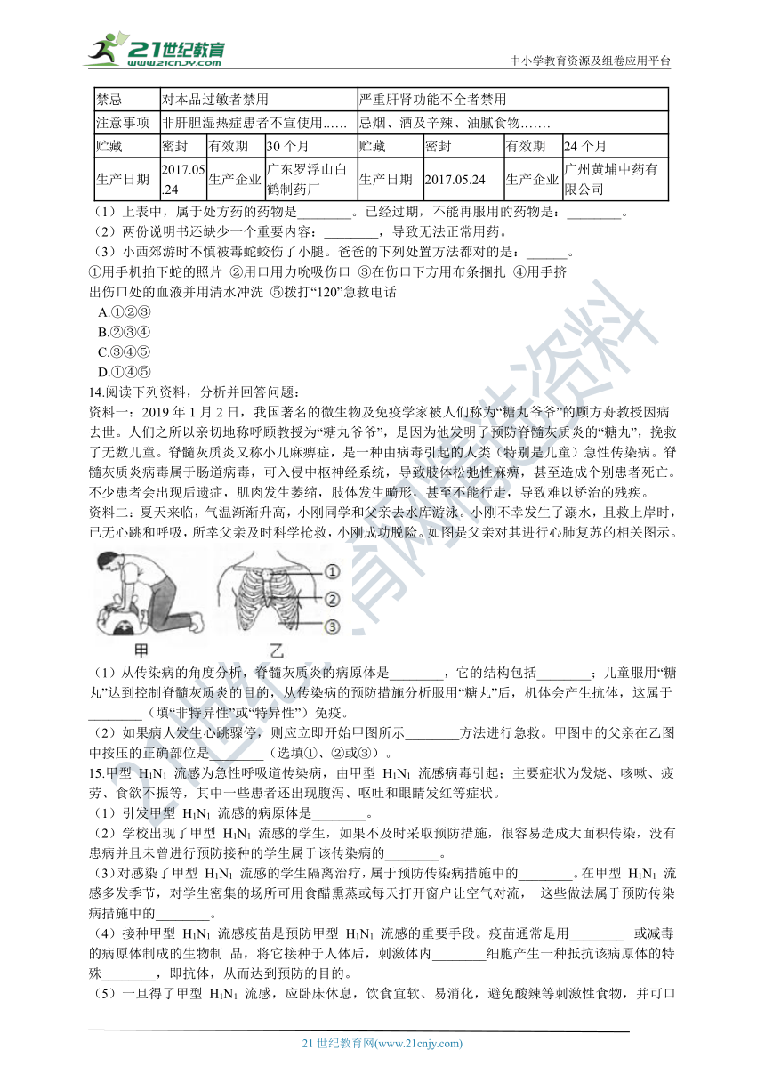 人教版2021初中生物八下八单元第二章用药与急救 章末测试（含解析）