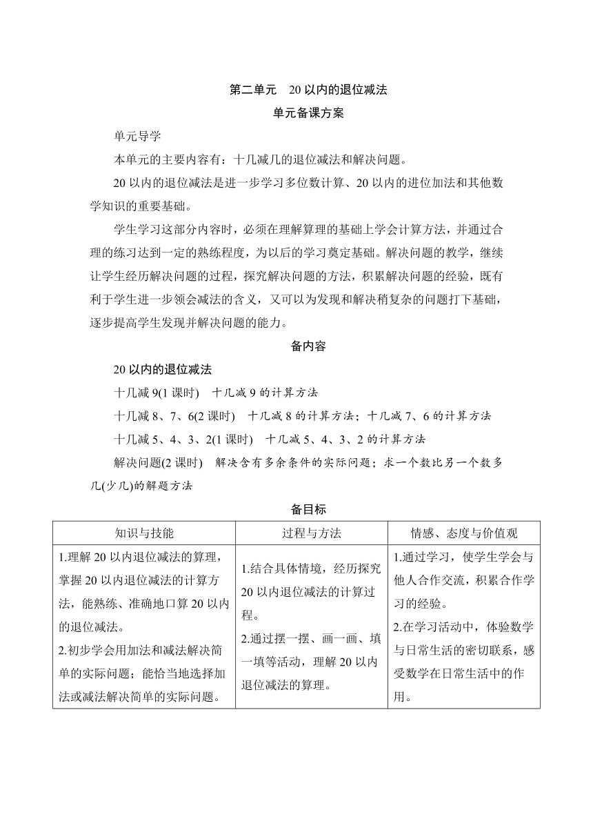 人教版一年级数学下册 第2单元《20以内的退位减法》单元备课方案