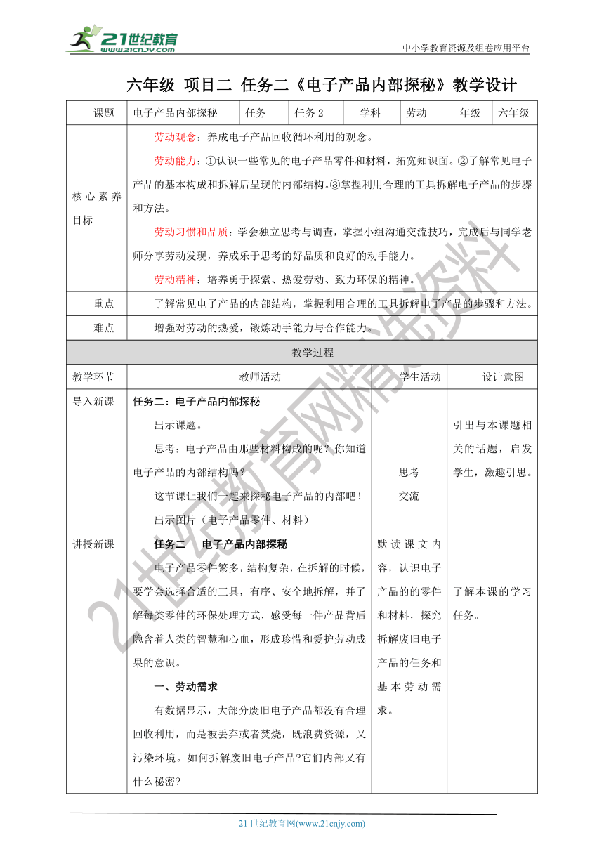 【核心素养目标】浙教版六年级《劳动》项目二 任务二《电子产品内部探秘》教案