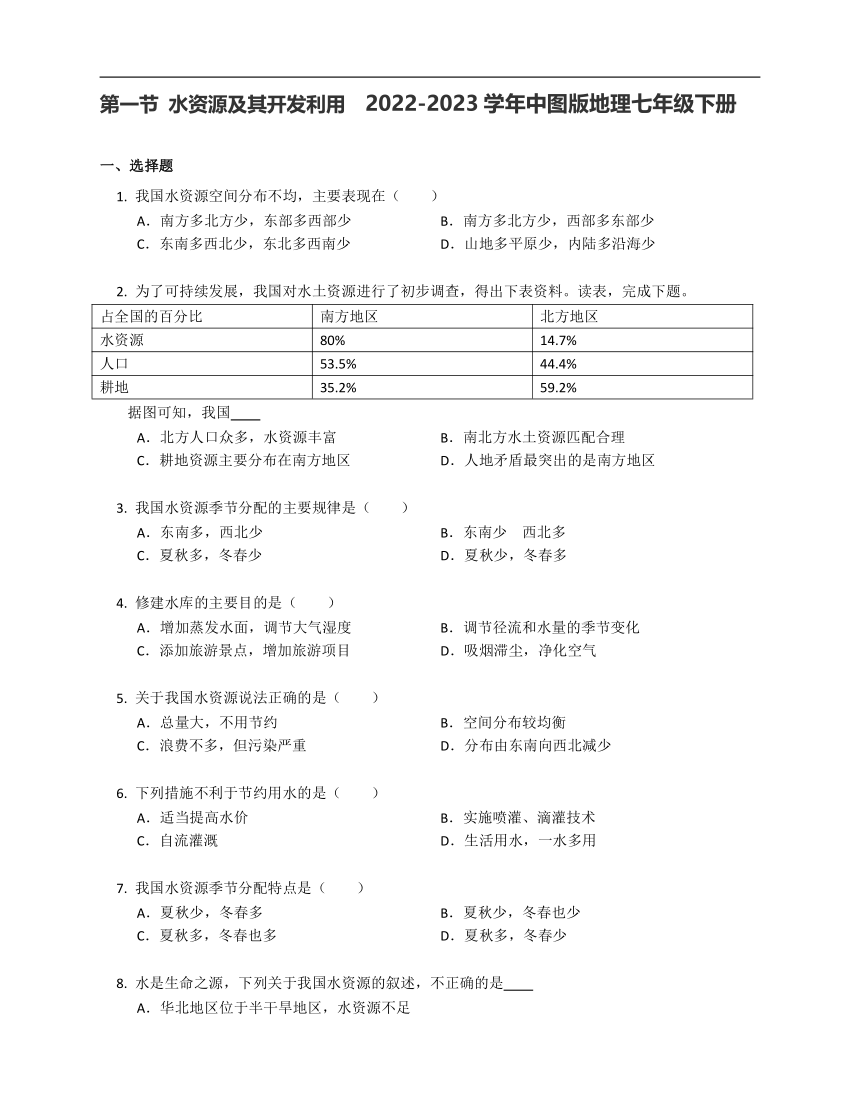 第四章第一节 水资源及其开发利用 综合测试（含解析）2022-2023学年中图版地理七年级下册