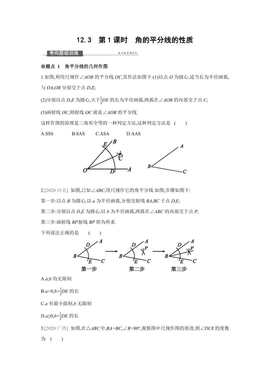 人教版数学八年级上册同步提优训练：12.3　第1课时　角的平分线的性质(word版含答案)