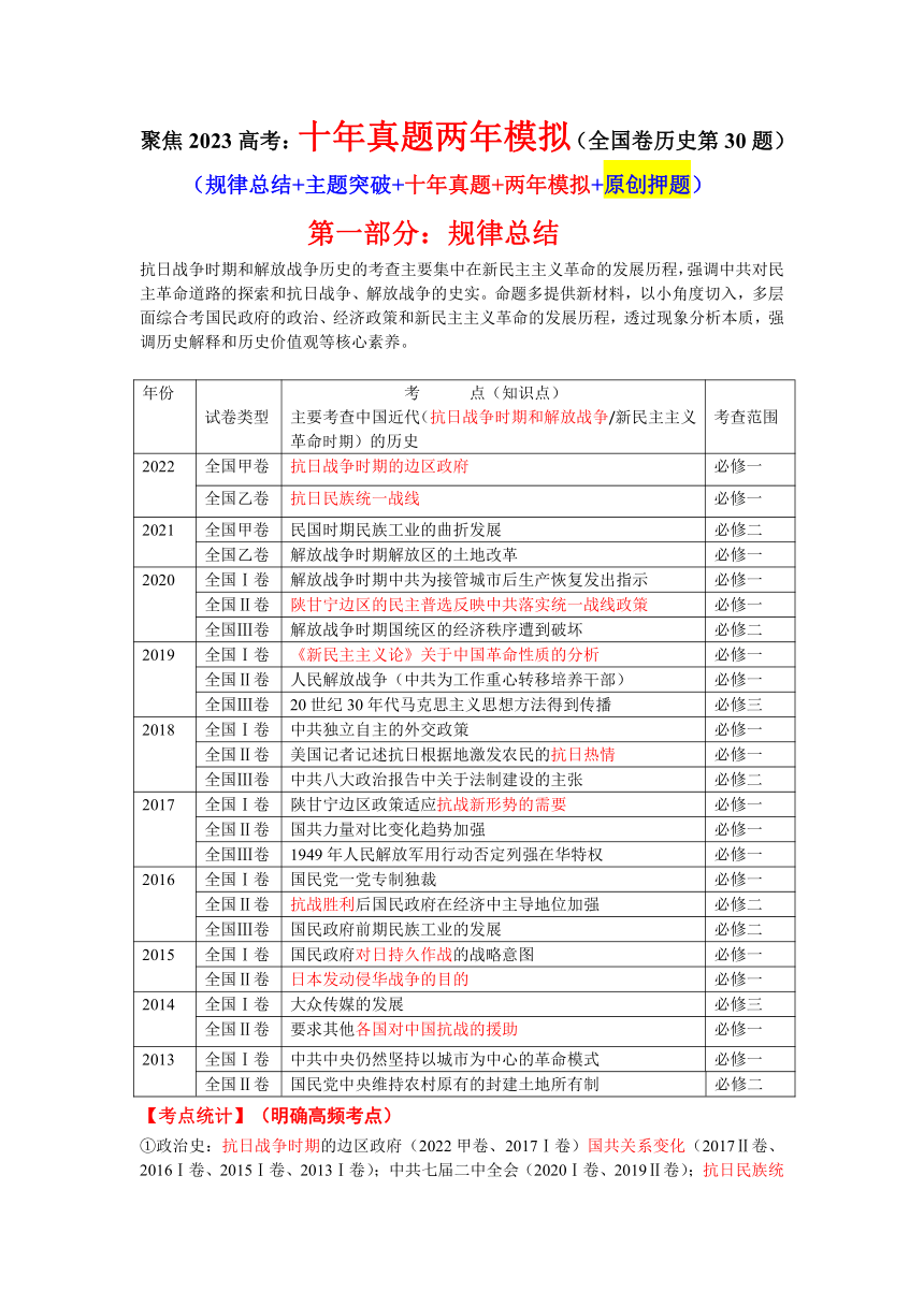 2023考前聚焦历史第30题【三轮冲刺学案】（规律总结+主题突破+十年真题+两年模拟+原创押题）（含解析）