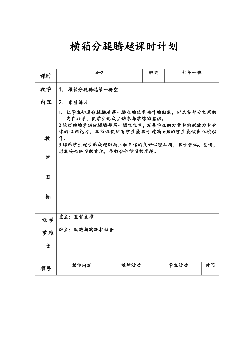 初中七年级上册体育与健康《横箱分腿腾越》教学设计（表格式）