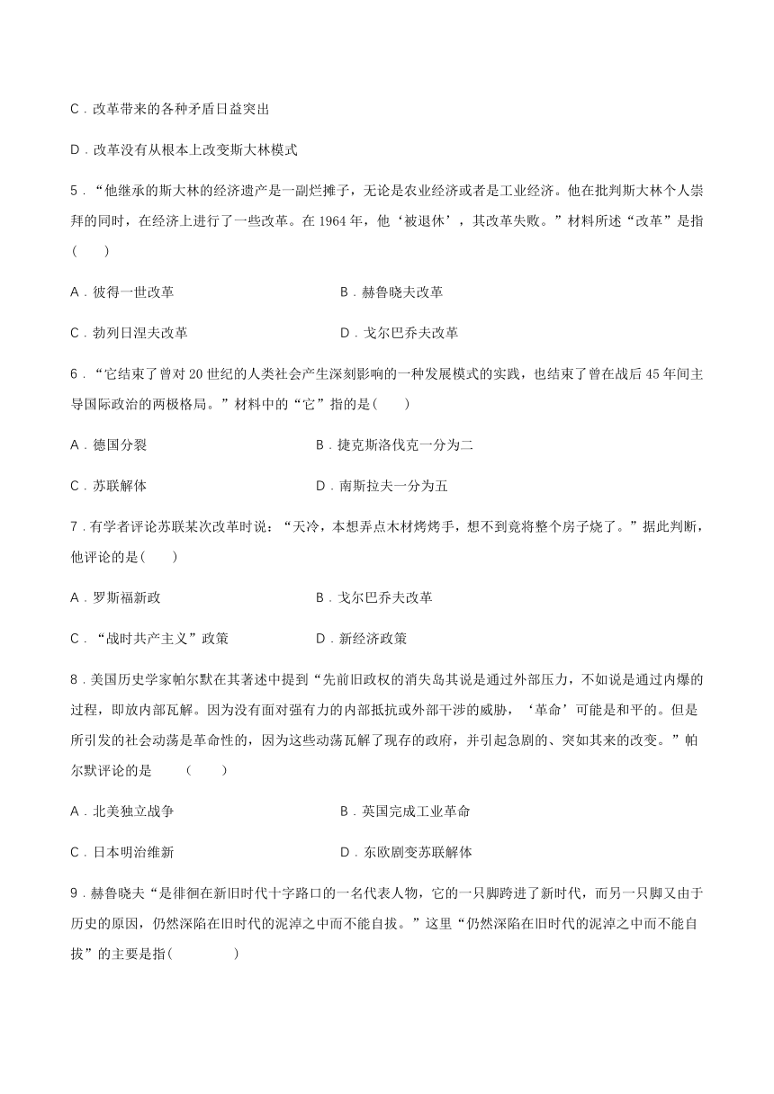 5.3 社会主义的发展与挫折 提升训练-2020-2021学年人教版历史与社会九年级下册（含答案及解析）