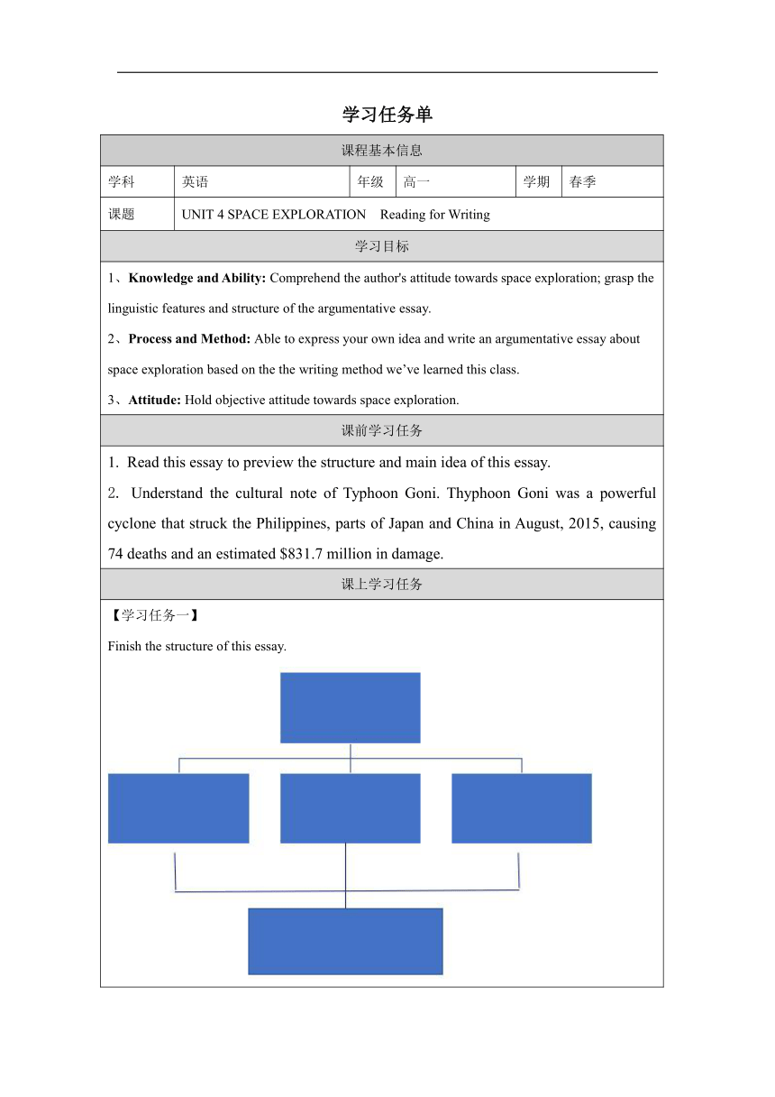 人教版（2019）必修第三册 Unit 4 Space Exploration Reading for Writing-学习任务单学案（无答案）