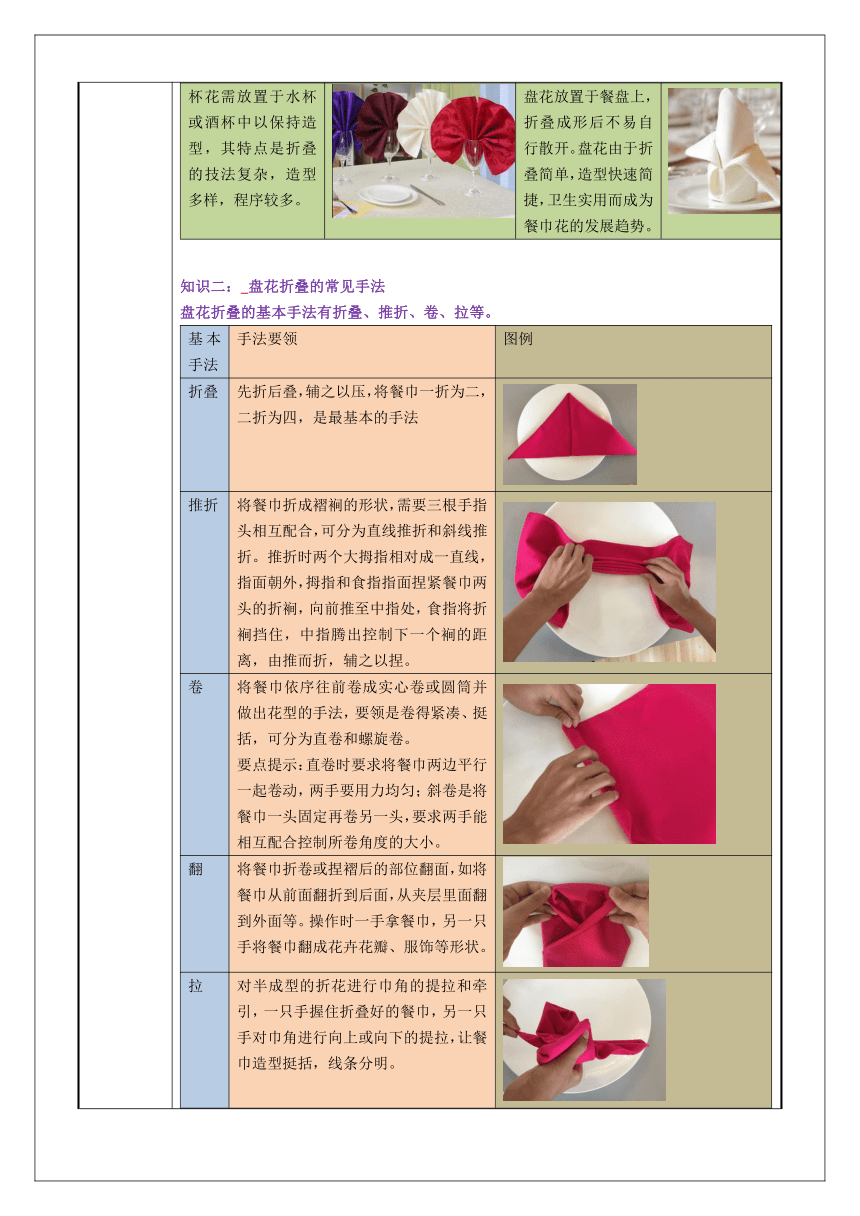 2-3餐巾折花 教案（表格式）《西餐服务》同步教学（人民大学版）