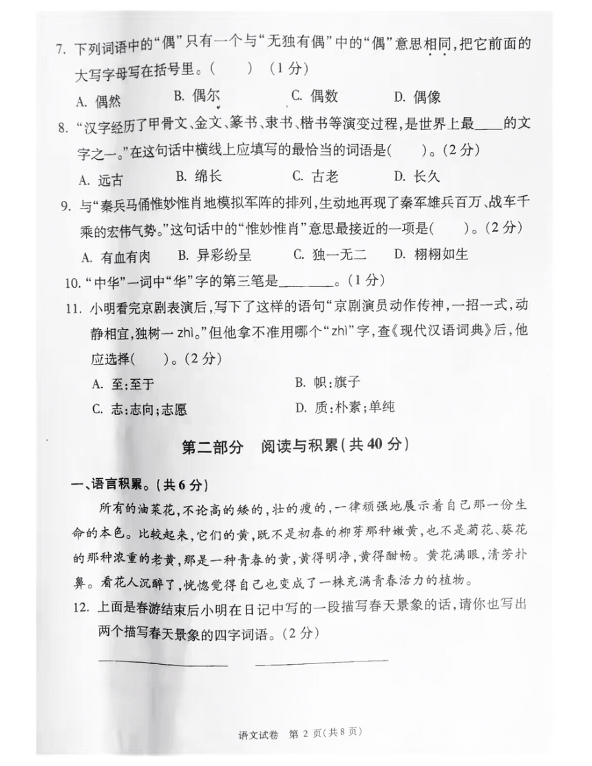 北京市朝阳区2019年小学毕业考试语文试卷(图片版  含答案)